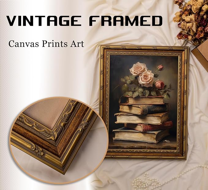 Vintage Gold Framed Retro Floral Books Wall Art Flowers Book Wall Decor Rose and Books Painting Pictures Retro Literary Pictures Artwork for study Gallery Living Room Bedroom 9X11in