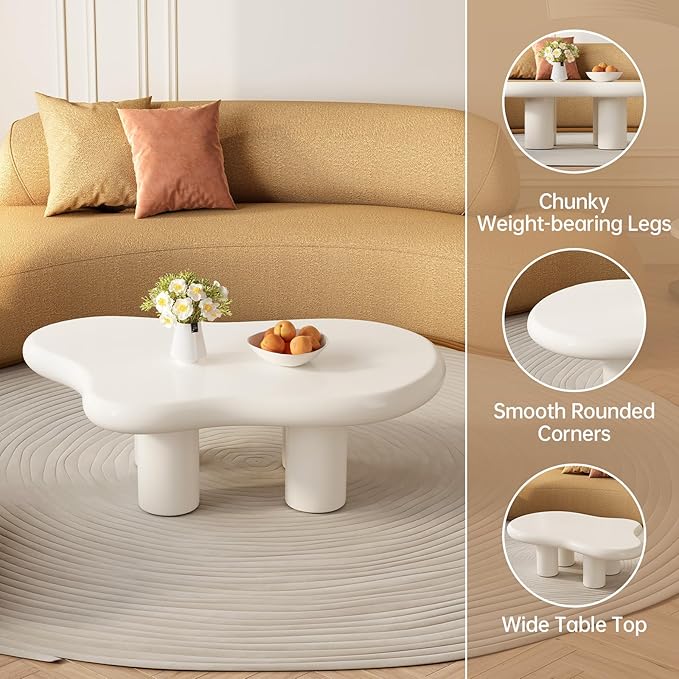 46.06" White Large Cloud Coffee Table, Modern Round Edge Coffee Table with 4 Sturdy Support Legs and 2.67" Thick Tabletop,Easy Match for Living Room, Bedroom, Balcony,Patio