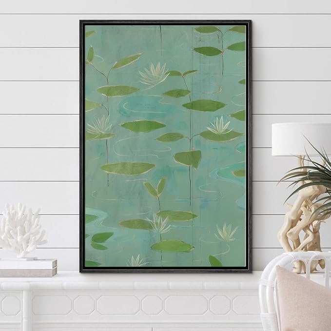 Woodrose Framed Canvas Print Wall Art Tranquil Water Lilies Serene Botanical Illustrations Modern Art Minimalist 3D Colorful Ultra for Living Room, Bedroom, Office - 16"x24" BLACK