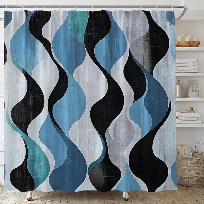 Mid Century Shower Curtain Boho Minimalist Modern Abstract Aesthetic Geometric Striped Atomic Retro Earthy Fabric Bathroom Decor Set with Hooks(70" Wx74.8 H)