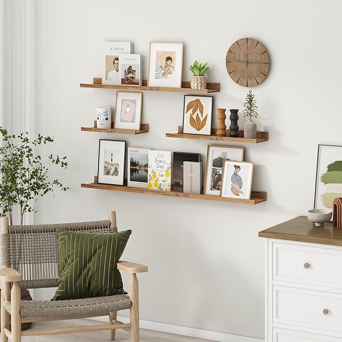 Axeman Picture Ledge Shelf | 24 Inch Brown Floating Shelves Set of 3 | Rustic Brown Wood Wall Shelves with Lip | 24" Picture Shelf for Wall with Ledge | Photo Shelves