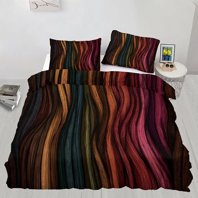 Modern Abstract Wavy Stripe Dark Duvet Cover Full Size, Boho Colorful Stripe Bedding Set 3 Piece, Ethnic Geometric Patterned Comforter Cover with Zipper Soft Microfiber, 2 Pillowcases