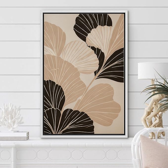 Woodrose Framed Canvas Print Wall Art Ginkgo Leaves Monochrome Nature Abstract Illustrations Modern Art Minimalist 3D Colorful Ultra for Living Room, Bedroom, Office - 24"x36" WHITE