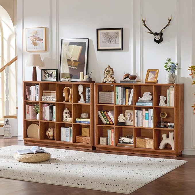 Joaxswe 12 Cube Storage Organizer, 41" Wide Large Bookshelf with Curved Edge, Wood Floor Standing 3-Tier Cubby Bookcase w/Base, Rustic Display Storage Cabinet, Book Case for Home Office, Brown