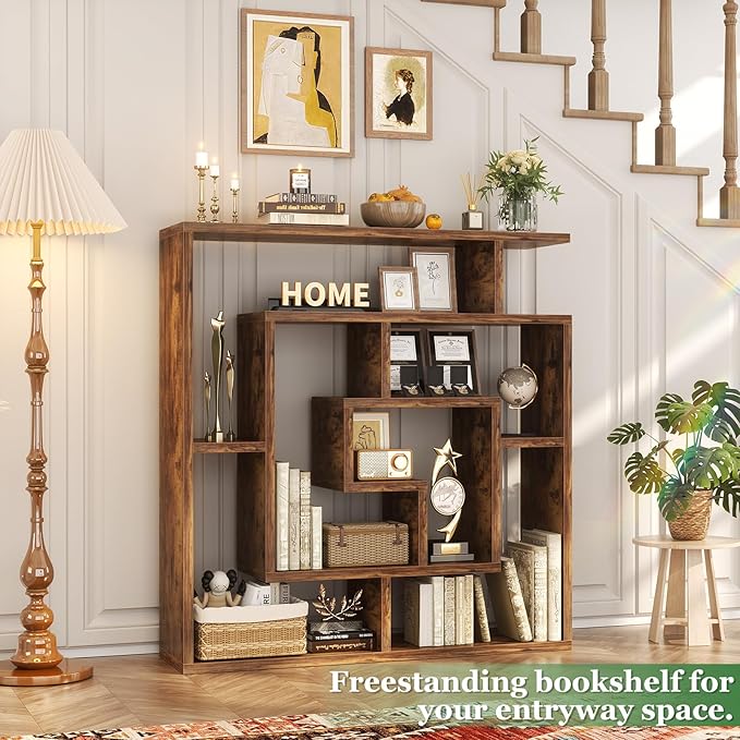 Armocity 6 Tier Display Book Shelf Wall Mounted Bookshelf Freestanding Geometric Bookcase Floating Book Shelves for Wall Bedroom Living Room Home Office, 45.5"(W) * 47"(H), Rustic Brown