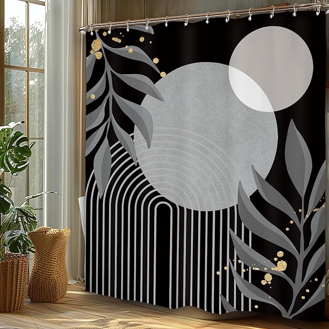 Miyotaa Abstract Black Gray Shower Curtain Set 60Wx71H Inches Modern Geometric Minimalist Aesthetic Mid Century Leaves Contemporary Neutral Waterproof Bathroom Curtain with 12 Hooks