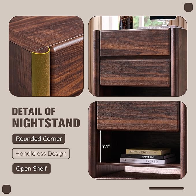 25" Tall Modern Nightstand Set of 2, 23.6" W Nightstand with Charging Station & 2 Storage Drawers & Open Shelf, Wood Night Stand w/Rounded Corner Design for Bedroom, Living Room (Brown)