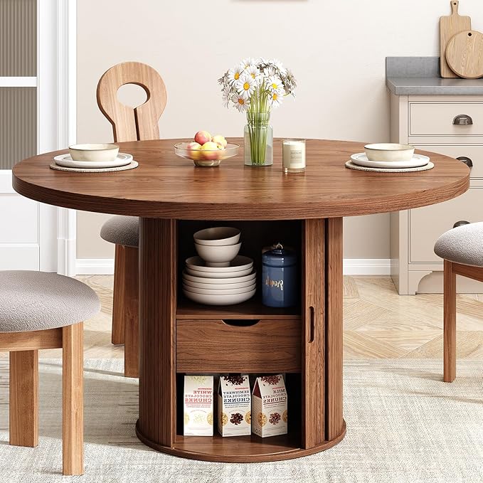 47 inch Round Dining Table for 4, Circle Kitchen Table with 2-Layer Storage Shelf and a Drawer, Modern Farmhouse Dinner Tables with Sliding Door and Wood Strip Base for Kitchen, Living Room (Walnut)