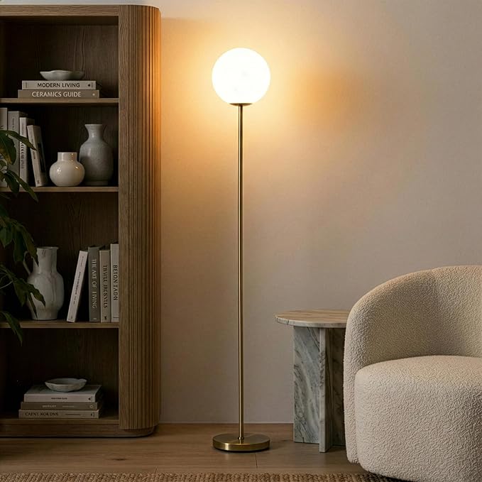 Brightech Luna LED Floor lamp, Modern Lamp for Living Rooms & Offices, Great Living Room Décor, Tall Lamp with Frosted Glass Globe, Mid Century Standing Lamp for Bedroom Reading - Brass/Gold