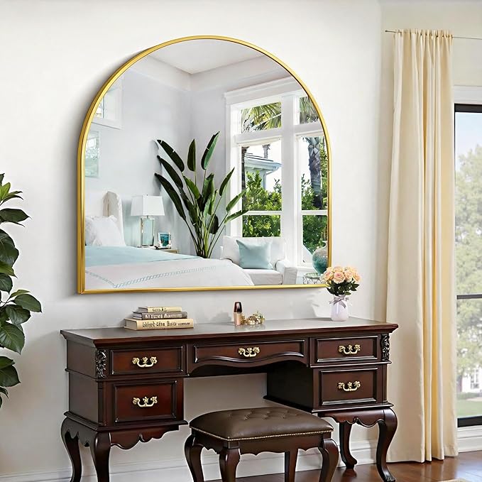 CIRCUMI Arched Wall Mirror, 42"x42" Gold Arched Mirror with Tempered Glass, Metal Frame, Large Size for Entryway Table, Mantel,Living Room,Over Sink,Arch Mirror for Decor,Shatterproof&Crystal-Clear