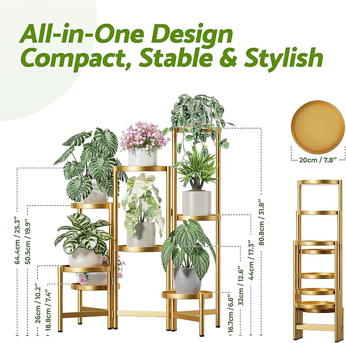 Gold Plant Stand, 8 Tiered Plant Stand Indoor for Multiple Large Planter, Tall Heavy Duty Adjustable Folding Rack with Rustproof 7.9 Inch Wide Tray, Corner Plant Shelf for Balcony - GoldDisk