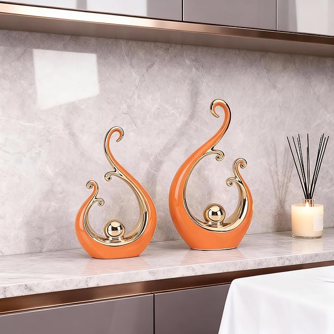 DOVDOV Orange and Gold Home Decor, Abstract Ceramic 2-Piece Sculpture Set, Modern mid-Century Art Statues, Perfect for Accent Tables, countertops, Coffee Tables, and entryway Decor.