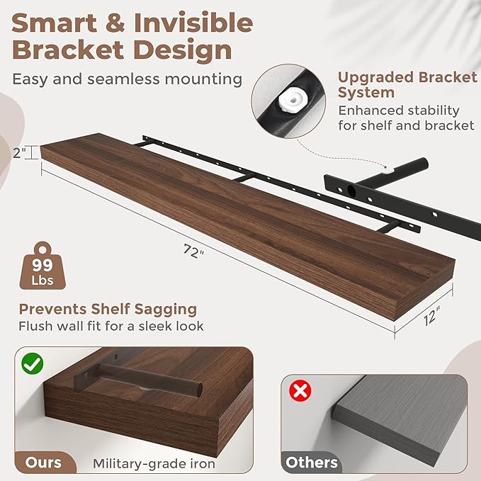 Marsmiles 12" Deep Floating Shelves for Wall with Invisible Brackets, Wall Mounted Engineered Wood Shelves with Wood Grain for Living Room, Bedroom, Kitchen Decor and Storage, 72" L Set of 1, Walnut