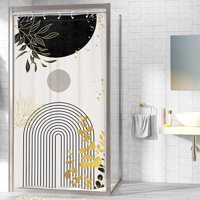 Riyidecor Small Stall Black Gold Boho Shower Curtain for Bathroom Decor 36Wx72H Mid Century Modern Abstract Gold Leaves Minimalist Geometric Art Printed Fabric Polyester Waterproof 7 Pack Plastic Hook