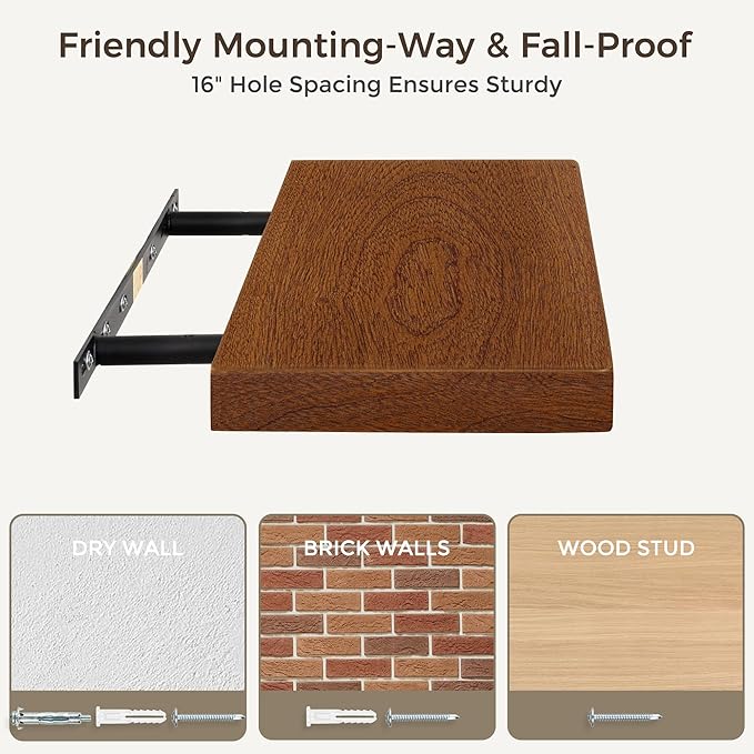 Fun Memories 48 Inch Floating Shelves, Rustic Solid Wood Wall Shelves Set of 1, 8 Inch Deep Floating Shelf for Bathroom, Bedroom, Heavy-Duty Wooden Shelf Wall-Mounted for Home Decor & Storage