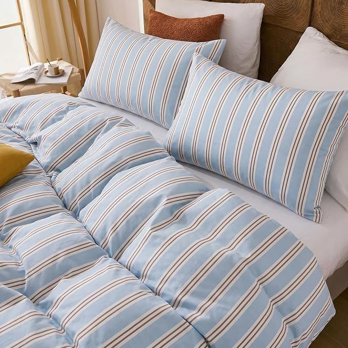 Merryword Striped Duvet Cover Set King Size - 100% Cotton Duvet Cover Set, Light Blue Ribbon Stripes Pattern Comforter Cover 3 Pieces, Soft Linen Like Bedding Set for All Seasons