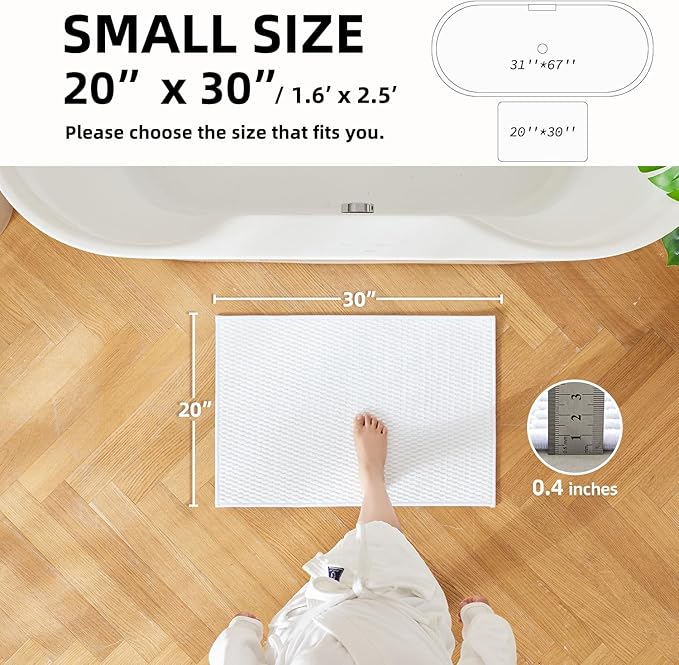 Bathroom Rugs Non Slip Washable, Super Absorbent Thin Bath Mat Small Quick Dry Low Pile Bathroom Rug, White 20"x30"