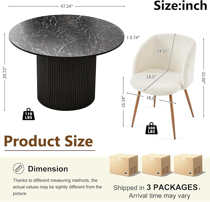Modern Mid-Century Dining Table Set for 4, Black Round Kitchen Table Fluted and Off White Dining Arm Chairs Set Upholstered Fluffy Faux FurReception Chairs with Metal Legs,Black Marble Look