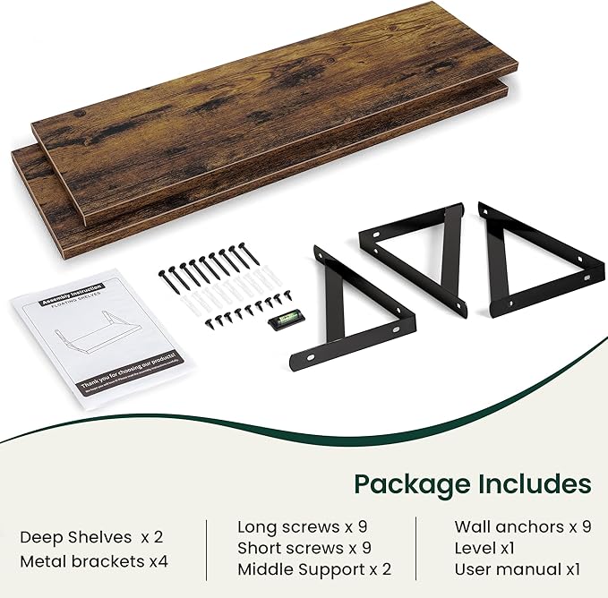 Floating Shelves, 12 Inch Deep Rustic Wood Wall Storage, 48W x 12D Wall Shelves Set of 2, Heavy Duty Metal Brackets, Large Industrial Book Shelf for Living Room, Kitchen, Bedroom, Brown