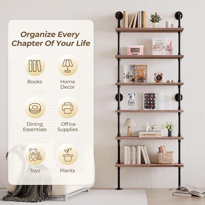 6 Tier Industrial Ladder Shelf Bookcase, Wall Mounted Rustic Bookshelf for Living Room Decor and Storage (Weathered Brown, 6 Tier - 10" D x 36" W x 82.5" H)