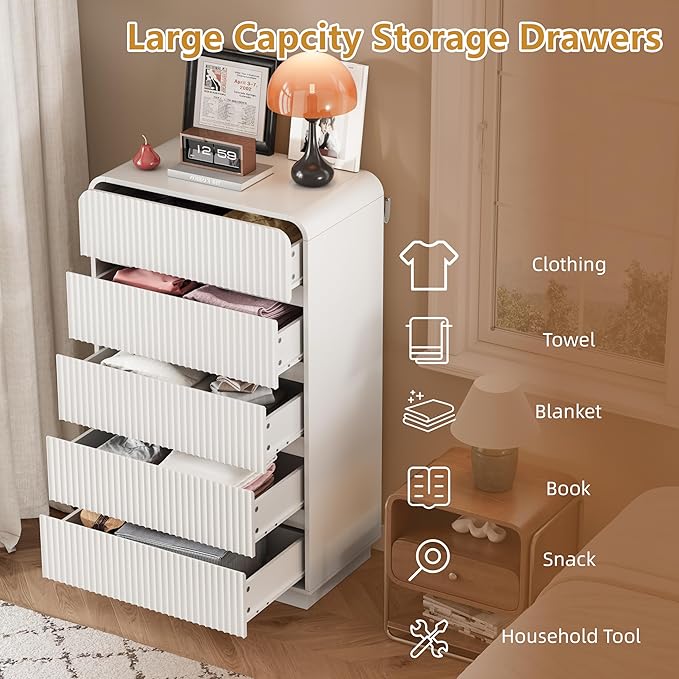 White Dresser Fluted Tall 5 Drawer Dresser for Bedroom, Wood Chest of Drawers with Hidden Handles & Rounded Corners, Modern Storage Cabinet and Organizer Drawers for Living Room, Hallway