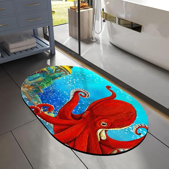 Bathroom Rug Mat Cartoon Underwater Octopus Kingdom Oval Bath Mat Doormat Absorbent Quick Dry Non Slip Diatom Mud Mat for Shower Tub Sink Laundry Kitchen Doorway 23.6x15.7 Inches