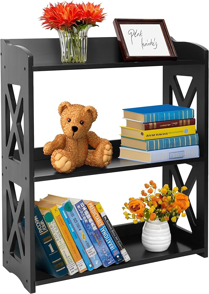 Black Bookcase by Natural Wood, 3 Tier Bookshelf, Small Book Shelves Freestanding Display Storage Shelves. Open Bookshelf for Bedroom, Living Room and Office (Black, 3 Tier)