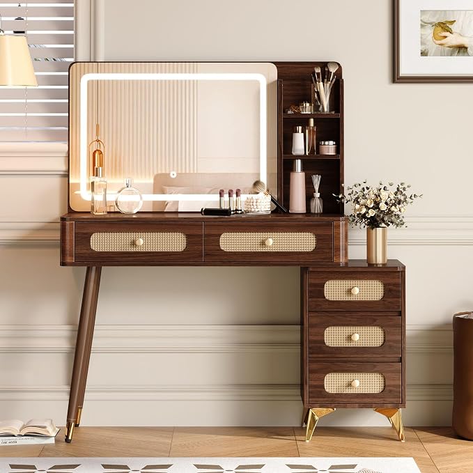 Boho Brown Vanity Desk with Mirror and Lights, Wooden Vanity Desk with Drawers & Shelves, 3 Lighting Modes Makeup Vanitys Tables for Bedroom, Dressing Room, Adjustable Brightness (Dark Walnut)
