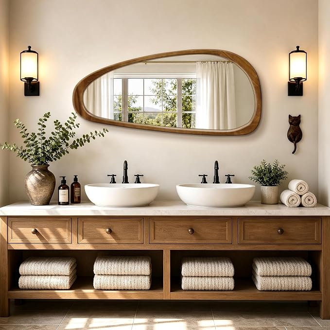 Asymmetrical Mirror, 48"x22" Irregular Mirror Full Length, Wood Wall Mirror for Bathroom Bedroom Living Room Entryway Hallway, Mid Century Modern Decor (Natural Wood)