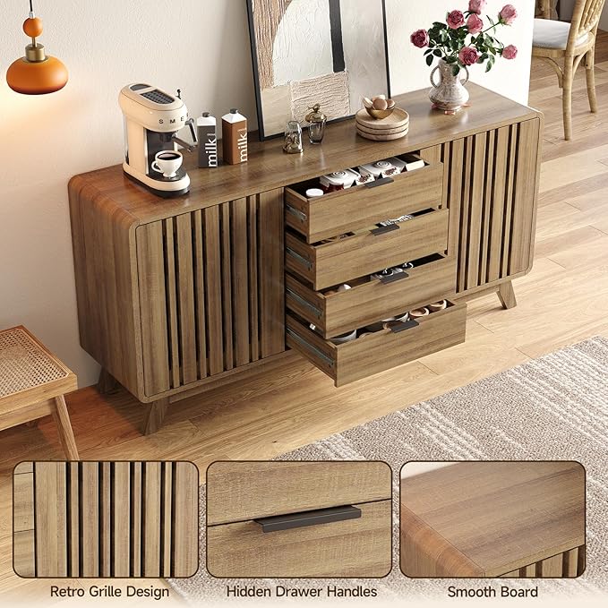 ONBRILL Sideboard Buffet Cabinet with Storage, Fluted Buffet Cabinet with Sliding Doors & 4 Drawers, Mid Century Modern Coffee Bar Wine Bar Credenza for Living Room, Kitchen (Natural Oak)