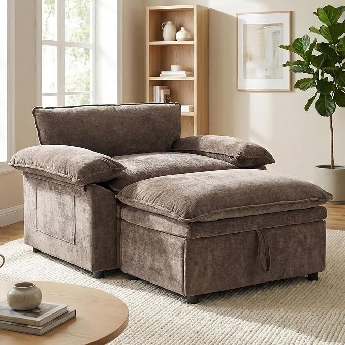 Furnimart Oversized Accent Chair with Storage Ottoman, Super Plush Cloud Chair with Chunky Cushion, Comfy Chenille Chaise Lounge for Living Room Bedroom Reading Nook(Brown)