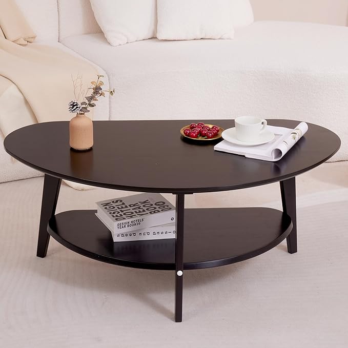 NAVREX Mid Century Modern Coffee Table, Oval Coffee Tables with Storage for Living Room, 2 Tier Solid Wood Center Table, Black Coffe Tables, Value Lies in Material, Easy Assembly, 40.2"*22"