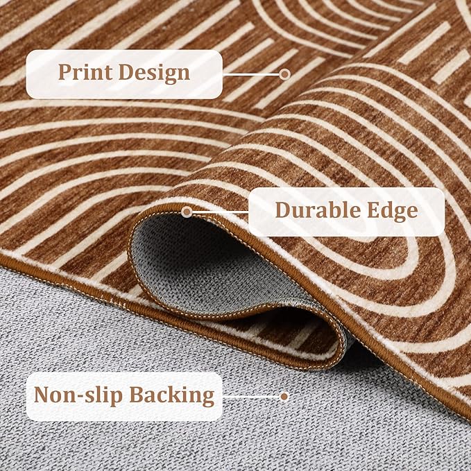 Washable Rug 8x10 Area Rugs for Living Room, Abstract Rug for Bedroom, Soft Rainbow Non Slip Throw Rugs With Rubber Back, Low Pile Stain Resistant Boho Geometric Carpet for Dining Room, Copper