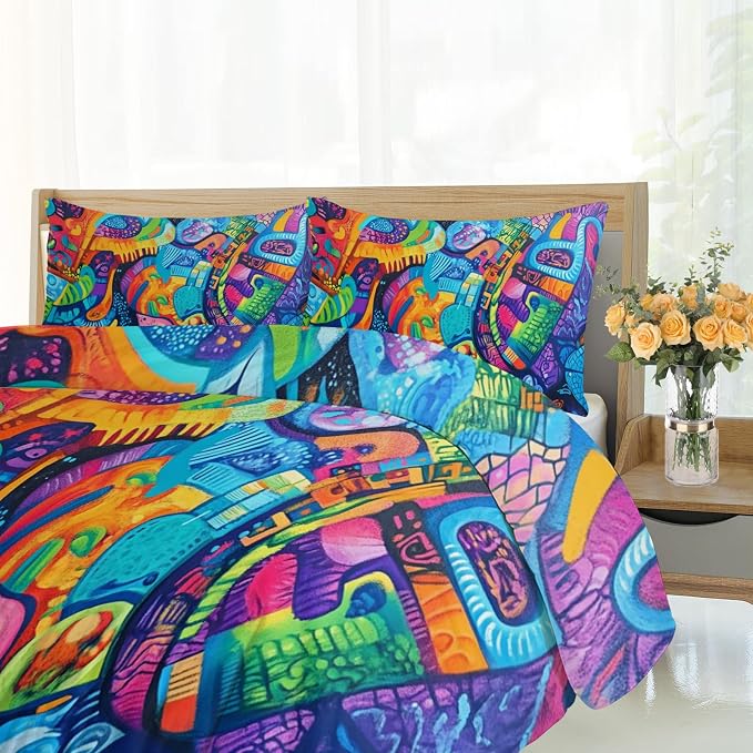 Modern Colorful Graffiti Duvet Cover Set California King Size - Hip Hop Doodle Comforter Cover, 3 Pcs Lightweight Soft Colorful Graffiti Bedding Set for All Seasons