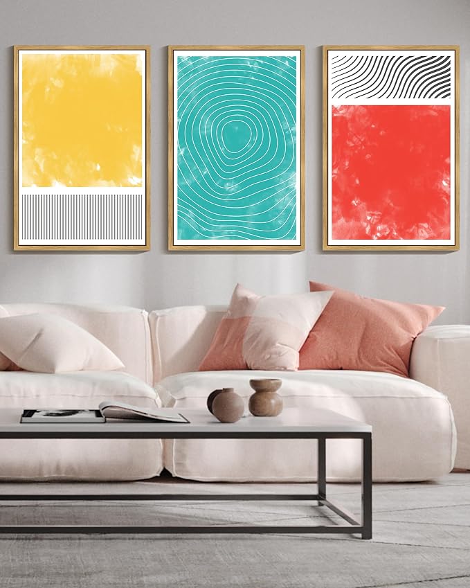 PHOPAGO 24x36in Large Minimalist Abstract Framed Wall Art Modern Colorful Line Wall Decor Geometric Artwork Bedroom Living Room Natural Framed