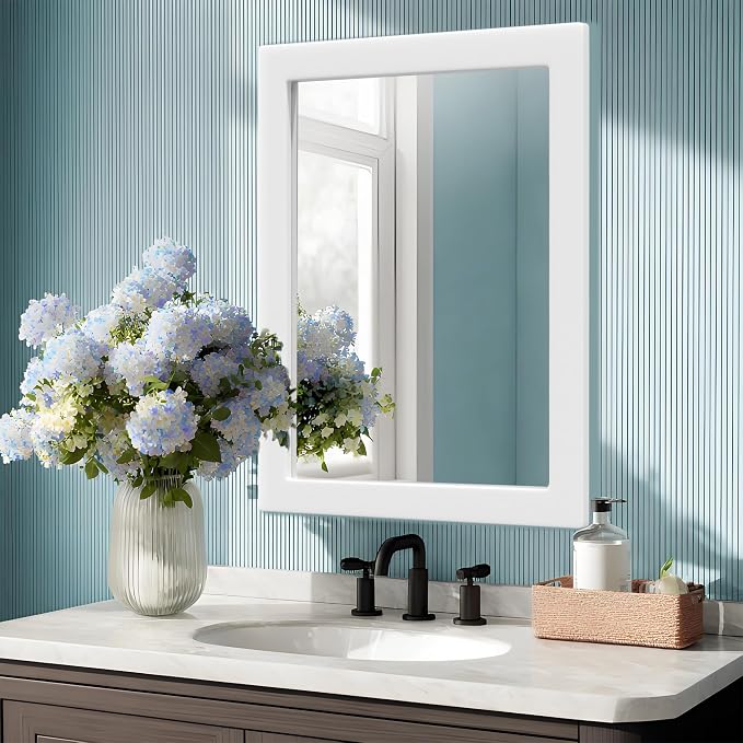 40''x30'' Rustic Wall Mirror for Bathroom White Wood Frame, Classic Rectangle Mirror Farmhouse Vanity Wall Mirror Decor Living Room, Bedroom, Entryway