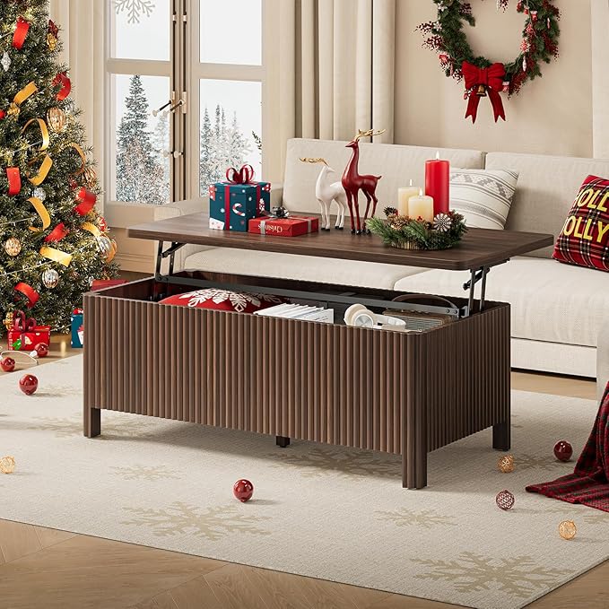 ONBRILL Fluted Lift Top Coffee Table with Storage, Mid Century Modern Coffee Table with Hidden Compartment, Rising Top Wood Center Table for Living Room, Home Office, Rounded Edges (Walnut)