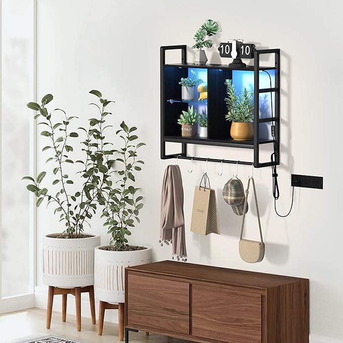 34" LED Wall Mounted Shelf - Gaming Floating Shelves 3 Tier Display Rack with Adjustable Glass Shelf and 6 S-Hook Wood Wall Mounted Shelves for Bathroom Wall Living Room Deco,Walnut Color