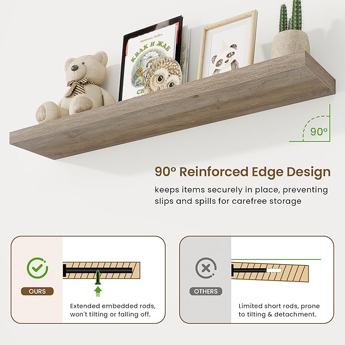 48in Floating Shelves for Wall, 48"W x 9.25"D x 1.25"H, 2 Pack Long Wall Mounted Engineered Wood Shelves with Invisible Brackets for Living Room, Bedroom, Bathroom, Kitchen Decor and Storage, Grey