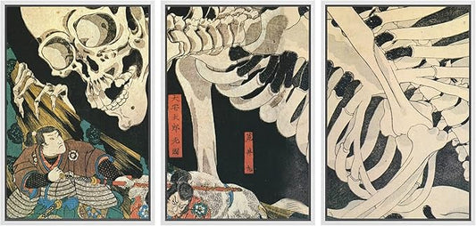 wall26 Framed Wall Art Print Set Witch & Skeleton Ukiyo-E by Utagawa Takiyasha Historic Cultural Illustrations Fine Art Chic Scenic Multicolor for Living Room, Bedroom, Office - 16"x24"x3 White