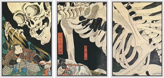 wall26 Framed Wall Art Print Set Witch & Skeleton Ukiyo-E by Utagawa Takiyasha Historic Cultural Illustrations Fine Art Chic Scenic Multicolor for Living Room, Bedroom, Office - 24"x36"x3 White