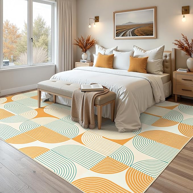 Large 9x12 Area Rugs for Living Room, Washable Modern Mid Century Rug for Bedroom, Soft Non-Slip Indoor Floor Carpet for Dining Room Nursery Office Home, Orange