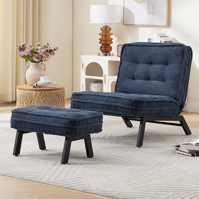 ANJ Accent Chair with Ottoman Adjustable Backrest, Blue Living Room Chair Tufted Upholstered Lounge Chair with Footrest Set, Modern Chair Cozy Reclining Chair for Reading Room Bedroom