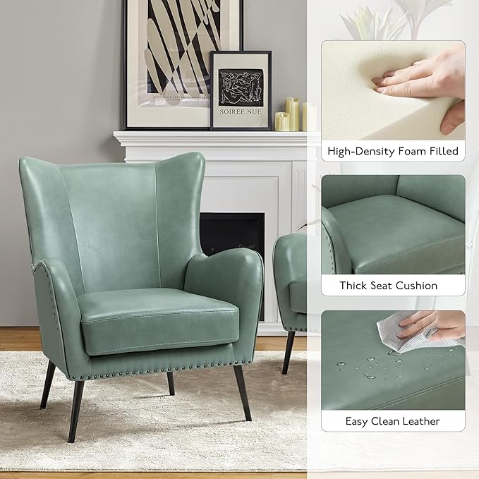 HULALA HOME Faux Leather Accent Chair Set of 2 with Removable Cushion, Comfy Upholstered Armchair with Metal Legs & Nailhead Trim Wingback Vanity Chair for Reading Living Room Bedroom, SAGE