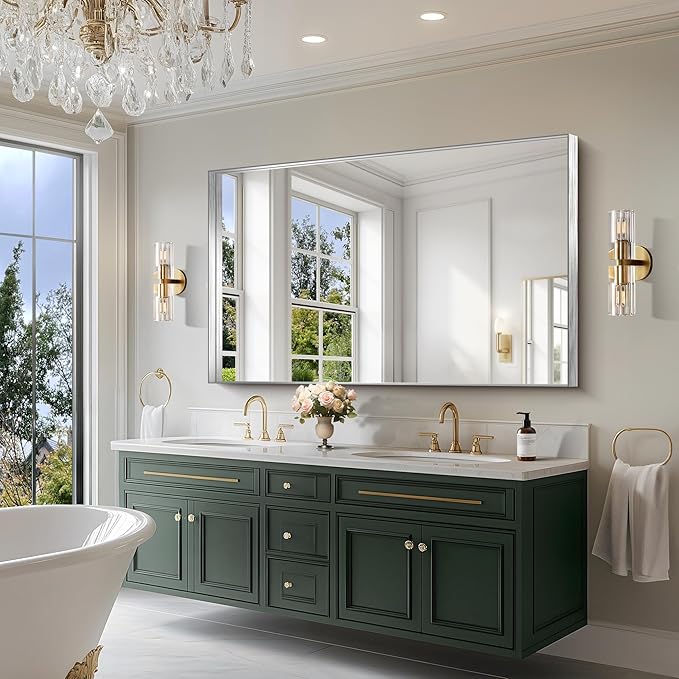 CIRCUMI Silver Bathroom Mirror, 36"x60" Rectangular Mirror with Deep Metal Frame, Brushed Finish, Tempered Glass, Large Mirror for Wall, Over 2 Sinks, Installed Vertically/Horizontally, Crystal-Clear