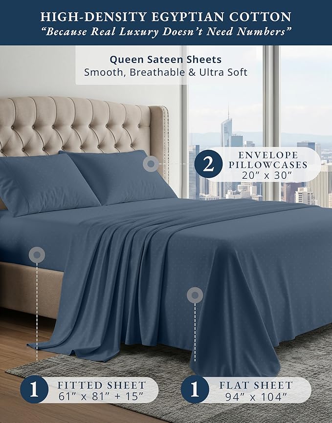 LANE LINEN 100% Egyptian Cotton Queen Sheet Set, 15 inch Deep Pocket, French Reinforced Pocket Seams for Soft, Comfy & Fresh Bed Eco Friendly Cooling Sheets Queen - Swiss Dot Estate Blue