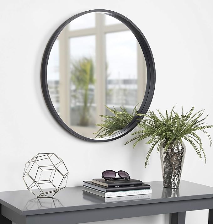 Kate and Laurel Travis Round Wood Wall Mirror, 25.6" Diameter, Black, Modern Wall Décor Accent