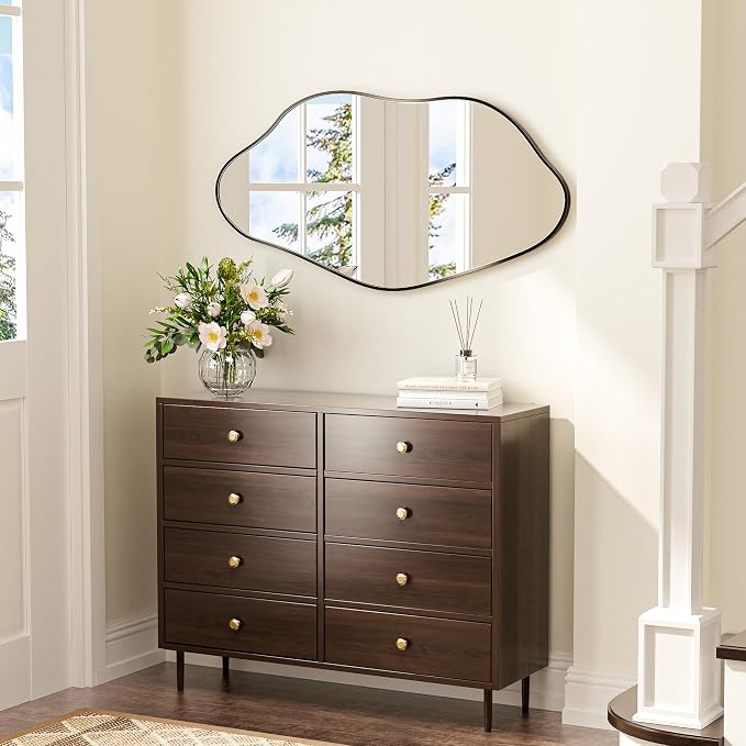 Keonjinn Black Irregular Mirrors for Wall 48" x 24" Inch, Asymmetrical Metal Frame, Tempered Glass Decorative Mirror for Bathroom, Bedroom, Living Room, Entryway(Horizontal/Vertical)