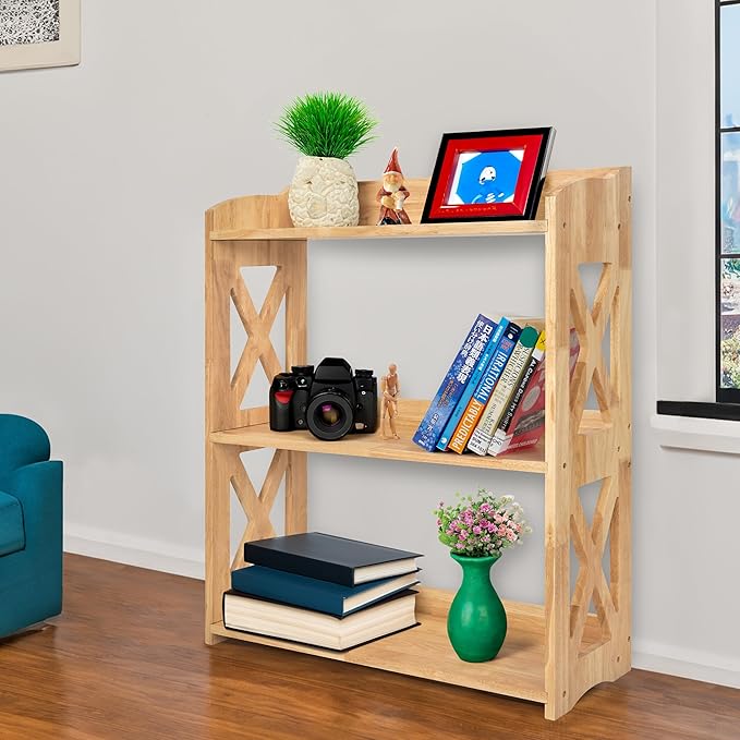 Wooden 3 Tier Bookshelf, Small Wood Bookcase Storage Shelf, Open Shelf Organizer for Bedroom, Living Room and Office (Natural, 3 Tier)