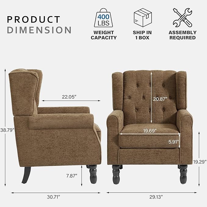 Lumibee High Back Accent Chair, Wingback Chair for Living Room, Button-Tufted Upholstered Fabric Armchair with Solid Wood Legs, Comfy Single Sofa Reading Chair for Bedroom,Taupe